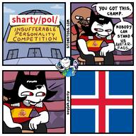 alunya boxing_ring brown_skin building cat_ear clothes cloud comic crowd door ear eyebrows flag:iceland flag:spain flag:transgender_pride_flag gem looking_to_the_left looking_to_the_right mustache open_mouth planet pol_(soyjak_party) red_eyes red_shirt rope sharp_teeth sign sitting sky smile space speech_bubble sproke stonetoss tail tentacle text troon variant:bernd variant:impish_soyak_ears variant:soyak // 1000x1000 // 307.6KB