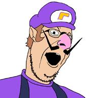 brown_hair clothes ear gamma_male glasses hair hat mario mustache open_mouth pointy_ears soyjak stubble variant:larson video_game waluigi white_skin // 814x852 // 23.2KB