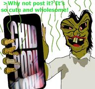'p brown_skin finger fingernail greentext liquify_tool pedophile phone red_eyes stink_lines stinky subvariant:mulletjak_phone sweating variant:mulletjak yellow_nails yellow_teeth // 1352x1278 // 726.4KB