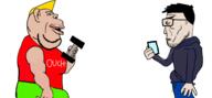 amerimutt aryan black_shirt blond blue_eyes buff bulge chad chad_thundercock euromutt holding_object looking_at_each_other looking_to_the_left looking_to_the_right muscular_male phone red_shirt subvariant:euromutt subvariant:impish_amerimutt variant:impish_soyak_ears variant:markiplier_soyjak virgin virgin_vs_chad yellow_hair // 1511x702 // 424.0KB