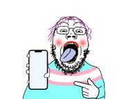 blush eyebrows eyes fat flag:transgender_pride_flag forehead_lines full_body glasses hand holding_object holding_phone lipstick looking_at_you mouth nose nostril open_mouth phone pink_hair pointing showing_phone showing_something stubble subvariant:gapejak_front teeth template tongue tongue_out tranny trans transgender_flag transparent troon variant:gapejak white_background yellow_teeth // 1200x900 // 56.0KB