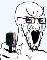 angry bloodshot_eyes crying firearm glasses gun hand holding_gun holding_object holding_pistol open_mouth pistol soyjak stretched_mouth stubble template transparent_background variant:soyak weapon // 785x1000 // 93.0KB