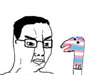 closed_mouth glasses googly_eyes purple_hair sockpuppet transgender_flag variant:chudjak // 1350x1080 // 170.5KB