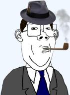 brown_hair business clothes ear fedora glasses hair hat necktie pipe smile smoking soyjak variant:protestantjak // 1379x1874 // 858.7KB