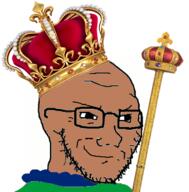brown_skin closed_mouth clothes crown gem glasses hat king scepter smile smug soyjak stubble variant:soyak // 420x426 // 132.5KB