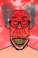 angry bad_teeth beard blood blood_drip blood_from_ears blood_from_eyes blood_from_mouth blood_on_face blood_splatter blood_spray bloodshot_eyes ear eyebrows full_head fume glasses gradient grin lips looking_at_you open_mouth rage red red_skin rotten_teeth seething smoke stubble subvariant:chudplier subvariant:redrawn_chudplier subvariant:redrawn_plier teeth teeth_showing variant:chudjak variant:markiplier_soyjak vein wrinkles yellow_teeth // 900x1364 // 630.7KB