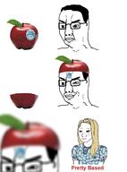3soyjaks angry apple based bloodshot_eyes blur closed_mouth clothes comic female food foodjak fruit fruit_label glasses hair hat makeup meme smug soyjak subvariant:trad_wife variant:chudjak wojak // 960x1300 // 458.1KB