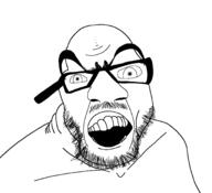 angry distorted exaggerated glasses looking_at_you mustache open_mouth poorly_drawn redraw soyjak stubble variant:feraljak // 2048x1865 // 82.6KB