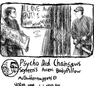 anthro averi body_pillow cap chainsaw closed_mouth clothes drawing english_text father fiddleafox fox furry furry_artist furry_female glasses hair half_body hat holding_object jewtube nate psycho smile soyteen subvariant:chudjak_front text thumbnail title variant:chudjak white_background white_skin // 2200x2000 // 2.0MB