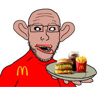 amerimutt big_mac coke ear fries hamburger holding_object holding_plate large_ear lips mcdonalds mutt plate red_shirt soda soyjak variant:platejak white_eyes // 1332x1184 // 549.8KB
