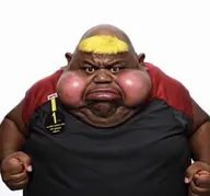 angry award badge big_lips black_skin blush character:hunky closed_mouth clothes ear fat frustrated hair meta:ai_generated nate nate_higger's_distant_cousin_(cape_rrackers) obese red_shirt subvariant:fat_alicia variant:alicia yellow_hair // 1179x1098 // 115.0KB