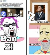 big_nose chest_hair collar firearm flag glasses holding_gun holding_object holding_pistol lipstick open_mouth purple_hair red_lips soyjak stubble suicide text tranny twitter variant:peakyjak variant:unknown volodymyr_zelenskyy weapon z_(russian_symbol) zurich_(company) // 921x1024 // 136.6KB