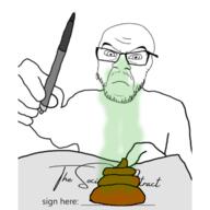 angry arm glasses hand holding_object mustache pen poop smelling social_contract soyjak stinky stubble variant:feraljak // 640x640 // 172.5KB