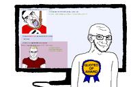 ack arm award bald bloodshot_eyes blue_eyes buff closed_mouth clothes crying ear flag flag:nazi_germany glasses hair hanging looking_at_you mustache nazism open_mouth pol_(4chan) politics rope smile smirk smug soyjak stubble subvariant:chudjak_front subvariant:muscular_chud subvariant:patrick subvariant:soyak_(smug) suicide swastika template tongue trend:aryan tshirt variant:chudjak variant:soyak vein white_background yellow_hair yellow_teeth // 1200x800 // 145.3KB