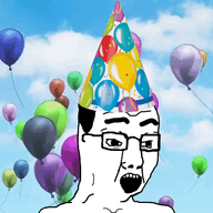 animated balloon clothes cloud excited glasses hair hat open_mouth party_hat soyjak variant:chudjak // 360x360 // 1.6MB