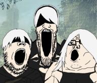 2b 3soyjaks 9s a2 anime blindfold building female glasses hair nier_automata open_mouth soyjak stubble trend:soyjak_trio variant:gapejak variant:markiplier_soyjak variant:tony_soprano_soyjak video_game white_hair white_skin // 1250x1075 // 925.5KB