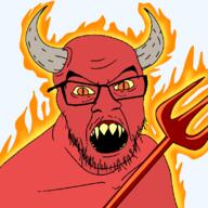 angry demon fire horn looking_at_you open_mouth orange_eyes pitchfork red_skin satan satanism sharp_teeth slit_pupils stubble trident variant:feraljak yellow_sclera yellow_teeth // 800x800 // 309.7KB