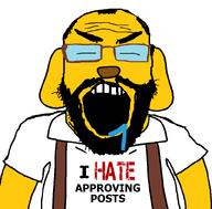 angry animal approver arm beard clothes dog drool ear glasses hair i_hate janny open_mouth sleeping soyjak subvariant:science_lover suspenders variant:markiplier_soyjak yellow_skin // 800x789 // 55.7KB
