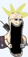 arm blue_eyes clothes cloud_strife final_fantasy final_fantasy_vii glasses hand holding_object open_mouth soyjak stretched_mouth stubble subvariant:sprokejak sword variant:soyak video_game white_skin yellow_hair // 685x1400 // 229.9KB