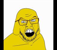 angry animal blood bloodshot_eyes clenched_teeth closed_mouth cracked_teeth dog ear glasses holding_object holding_phone janny nosebleed poyopoyo punisher_face rules soyjak stubble suspenders variant:feraljak yellow_skin yellow_teeth // 946x826, 30.9s // 14.3MB