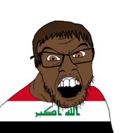 arabic_text brown_eyes brown_hair brown_skin clothes country flag flag:iraq glasses hair iraq open_mouth soyjak stubble variant:feraljak // 1500x1500 // 38.9KB