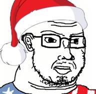 closed_mouth clothes country ear fat flag glasses hat santa_hat soyjak stubble subvariant:duzjak united_states variant:soyak // 600x584 // 186.2KB