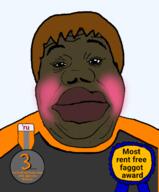 Artist:Mr_Thou all_booruteens_look_like_this anti_soybooru award badge blush boorucuck brown_hair brown_skin clothes dan hair lips slopjak soot soybooru soyjak_party tshirt variant:alicia // 596x720 // 192.3KB