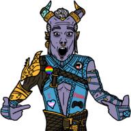 antifa_badge armor blue_shirt controller dragon_age_the_veilguard gay_flag grey_hair horn jewelry pride_pin purple_skin rope taash text trans_heart variant:shirtjak // 1080x1080 // 63.8KB