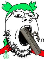 4chan anime artist:xjanny badge clothes firearm glasses glock green_hair gun gun_in_mouth hair hand holding_gun holding_object holding_pistol imminent_death imminent_suicide looking_at_you open_mouth pistol stubble suba suicide text variant:gapejak weapon white_background yotsoyba // 600x800 // 149.6KB