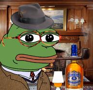 alcohol amphibian chivas_regal closed_mouth clothes collared_shirt drink fair_isle fedora fire fireplace fixed frog glass glssses green_skin hat irl_background lamp lips nas:pepe necktie painting pepe pepe_the_frog pipe rug ship smoke smoking sport_coat study suit suit_and_tie sweater tortoise_glasses whiskey wooden_floor wooden_wall // 1241x1202 // 1.8MB