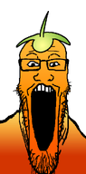 eyebrows fl_studio food forehead_lines fruit glasses leaf looking_at_you nose open_mouth orange_skin soyjak stubble subvariant:longplier teeth variant:markiplier_soyjak white_background // 495x1000 // 127.2KB