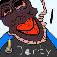 badge big_lips bloodshot_eyes brown_skin crying flag:transgender_pride_flag glasses hanging jakparty_soy oekaki redraw rope subvariant:chudjak_front subvariant:jartycuck suicide trend:jartycuck trend:slopjak variant:chudjak // 400x400 // 15.1KB