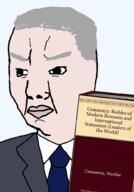 angry book clothes necktie nicolae_ceausescu romania soyjak suit text variant:chudjak white_hair white_skin // 699x1000 // 206.0KB