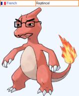 angry bulbapedia charmeleon closed_mouth dinosaur fire france full_body glasses incel kanto lizard monster pokemon pun soyjak tail text variant:chudjak video_game // 630x766 // 277.9KB