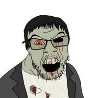 angry blood bloodshot_eyes clothes green_skin hair mustache open_mouth orange_eyes soyjak stubble variant:feraljak zombie // 1500x1500 // 132.4KB