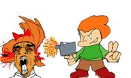 ack anti_ongezellig blood bloodshot_eyes blue_eyes bowtie cartoon clothes cracked_teeth crying female firearm friday_night_funkin' full_body gun murder mymy necktie newgrounds oekaki ongezellig open_mouth orange_hair orange_skin pico picos_school pistol redraw smile soyjak subvariant:chudjak_front tongue variant:chudjak video_game weapon // 1316x782 // 73.3KB