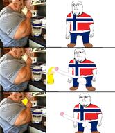 arm closed_mouth clothes comic country cup drinking flag flag:norway full_body glasses hand irl leg nipple norway penis piss soyjak stubble testicles variant:norwegian // 1880x2172 // 1.8MB