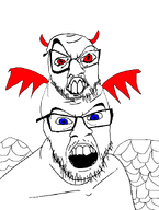 2soyjaks angel blue_eyes conjoined demon devil_horns glasses gums open_mouth red_eyes stubble subvariant:crazyguyjak teeth transparent_background variant:feraljak wing // 1500x1992 // 61.1KB