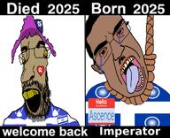 2025 2soyjaks ack ascence_(user) beard black_background bloodshot_eyes born brown_skin canada clothes crying dark_hair died flag:quebec flag:quebec_india glasses hanging hat hello_my_name_is_(sticker) imperator_(user) israel judaism kippah meta:namefags moustache mouth_open namefags open_mouth purple_hair quebec queen_of_hearts rope subvariant:patrick text thick_eyebrows tongue tranny variant:chudjak variant:parrotjak welcome_back white_background white_text wrinkles yellow_sclera yellow_teeth // 1333x1080 // 627.1KB