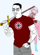 blood buff chud closed_mouth clothes decapitation eyelashes full_body glasses gore hair holding_object holding_sword mustache nazism pol_(4chan) purple_hair severed_head smile smug sonnenrad soyjak stubble swastika sword tongue tranny tshirt variant:bernd variant:chudjak vein watch weapon wristwatch yellow_teeth // 1473x1995 // 700.4KB