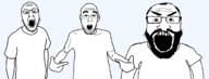 3soyjaks angry arm balding beard clothes ear glasses hair hand open_mouth pointing series:trios_&_duos shirt_trio soyjak stubble subvariant:science_lover teeth template text transparent_background tshirt variant:markiplier_soyjak variant:shirtjak variant:tewi // 2162x824 // 82.7KB