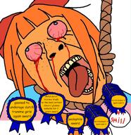 anti_ongezellig award badge blood bloodshot_eyes blue_eyes bowtie clothes female hanging mymy_(ongezellig) necktie ongezellig open_mouth orange_hair orange_skin rope shill soyjak studio_massa suicide text tongue variant:bernd // 1254x1294 // 1.4MB