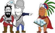 3soyjaks aztec beard closed_mouth clothes compressed conquistador full_body gem glasses grin hair holding_gem holding_sword morion smile soyjak stubble subvariant:wholesome_soyjak thought_bubble variant:gapejak variant:markiplier_soyjak // 979x594 // 43.3KB