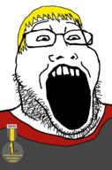 badge clothes glasses hair nate open_mouth soyjak soyjak_party stubble variant:markiplier_soyjak2 yellow_hair // 645x973 // 41.2KB