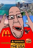 amerimutt bald dean denver eagle flag glasses hamburger los_angeles mcdonalds miami open_mouth or_something statue_of_liberty stubble united_states variant:ppp warning // 566x823 // 425.6KB