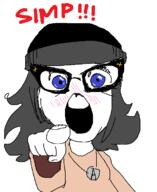 beanie blue_eyes blush clothes female glasses hair hand hat no_nose open_mouth pointing pointing_at_viewer simp soyjak teeth text tranny_artstyle variant:soytan // 560x686 // 19.3KB