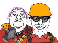 2soyjaks closed_mouth clothes ear engineer engineer_(tf2) glasses goggles hair hard_hat mustache purple_hair pyro pyro_(tf2) sledgehammer smile soyjak stubble subvariant:chudjak_front team_fortress_2 tranny variant:bernd variant:chudjak video_game // 956x700 // 391.1KB