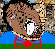 black_skin bloodshot_eyes brown_skin crying flag glasses gypsy hair hanging irl_background open_mouth rope soyjak stubble suicide variant:bernd // 651x591 // 331.8KB