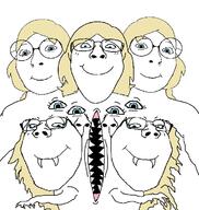 5soyjaks a10_eyes abomination blond blue_eyes claw fangs female glasses hair long_hair multiple_arms multiple_eyes multiple_mouths mutant my_wife nose scary sharp_teeth sisa smile subvariant:bridget subvariant:female_cobson subvariant:gapejak_female subvariant:wholesome_soyjak teeth trend:aryan variant:bernd variant:cobson variant:gapejak woman // 676x712 // 42.9KB