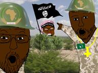 3soyjaks al_qaeda al_shabab angry arm camouflage christianity cross flag flag:african_union flag:isis glasses hand helmet isis islam military mustache open_mouth pointing somalia soyjak stubble terrorist text united_nations variant:feraljak variant:two_pointing_soyjaks // 1024x768 // 132.9KB